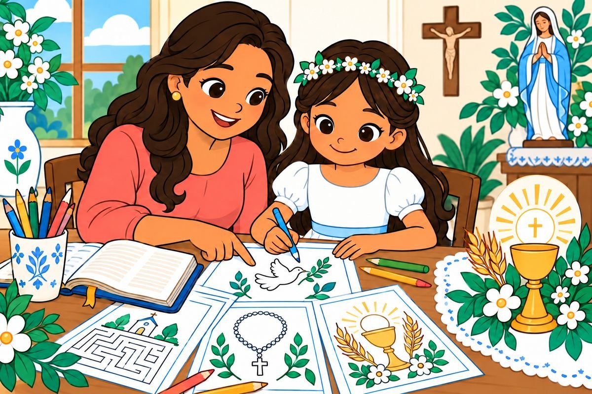 Una mamá y su hija haciendo juntas una hoja del kit