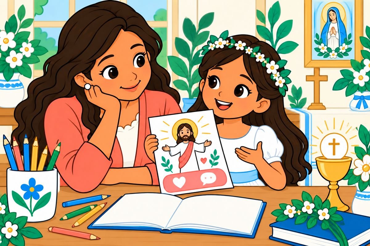 Una niña le muestra a su mamá la hoja que acaba de hacer