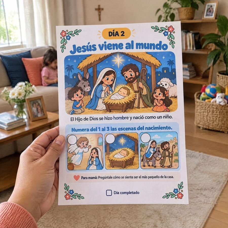 Mano sosteniendo la hoja impresa del Día 2, Jesús viene al mundo